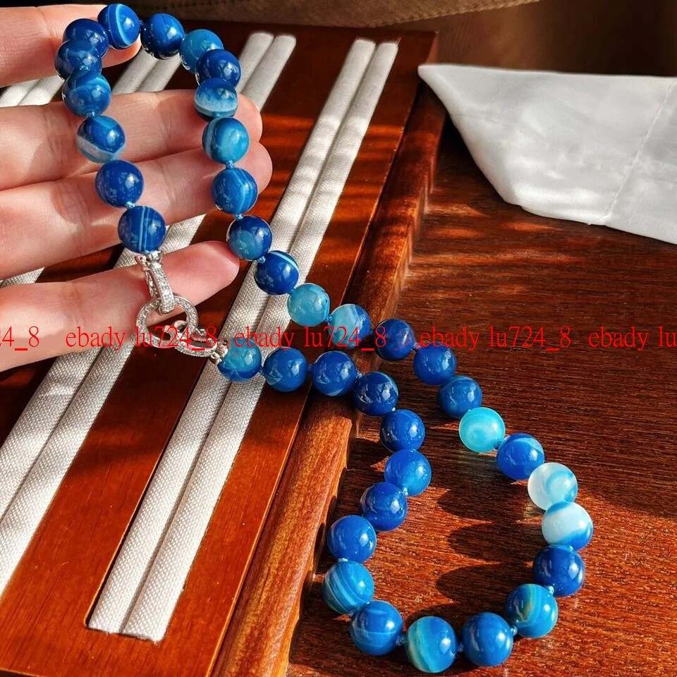 Exquisite Blue Strip Agate 6/8/10/12mm Round Gemstone Necklace Silver Clasp 18″