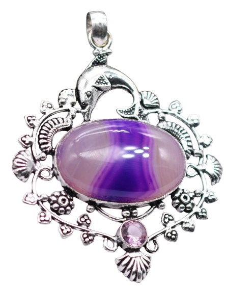 Purple Agate Natural Gemstone Antique Silver Plated Pendant 3.75″ J 2829