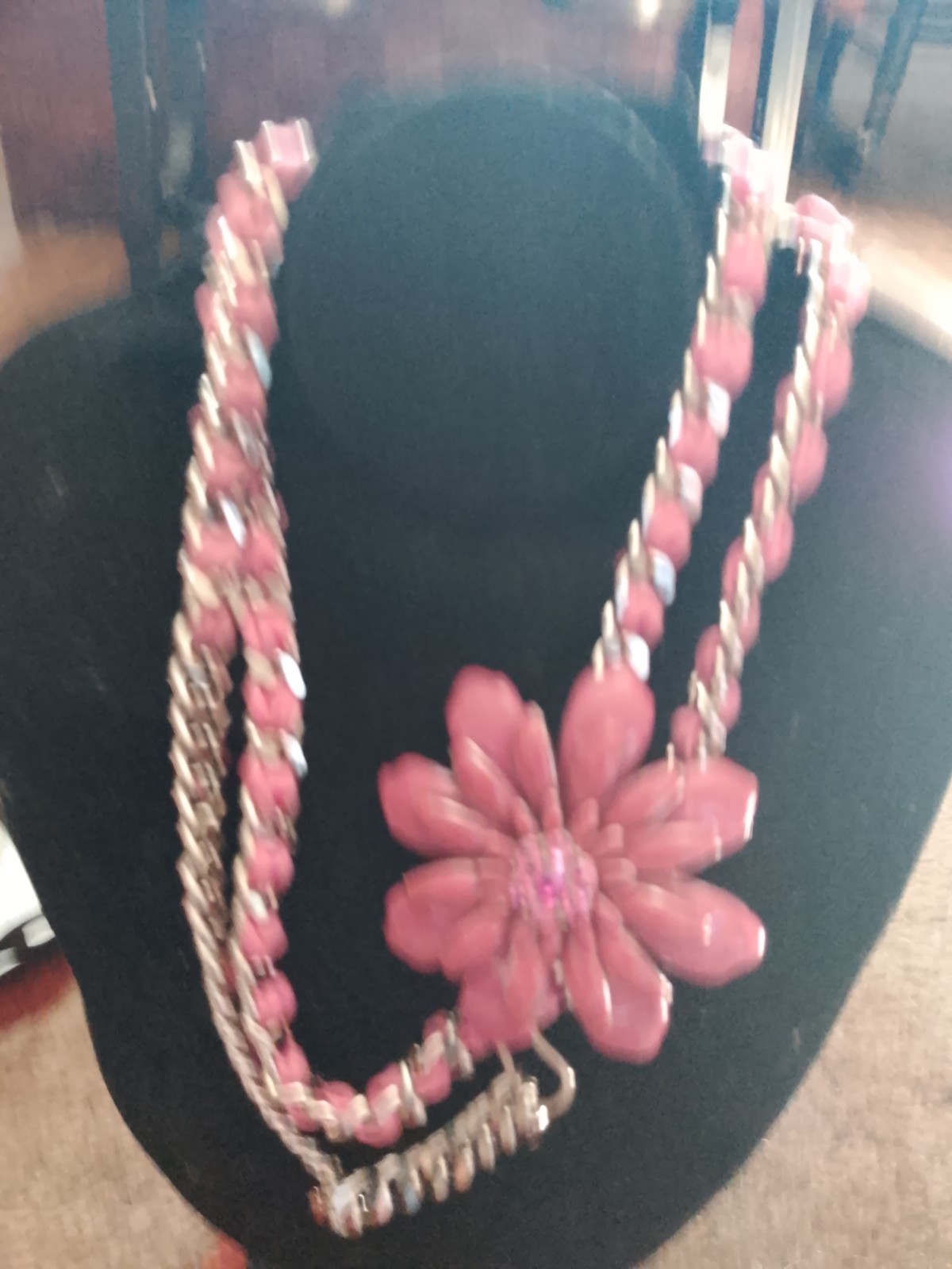 Silver Tone Chain Statement Necklace Flower Charm Round Pink Crystal Adjustable