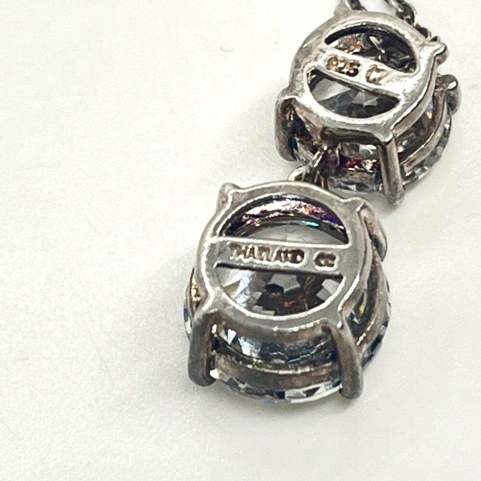 THAILAND CZ 925 STERLING SILVER DOUBLE SOLITAIRE NECKLACE DROP PENDANT DAINTY