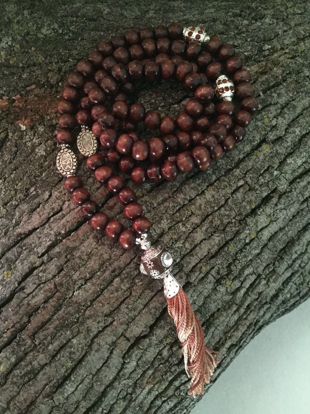 Brown Handmade Wood Mala 108 Beads Light Wood Mala with Indonesian Beads
