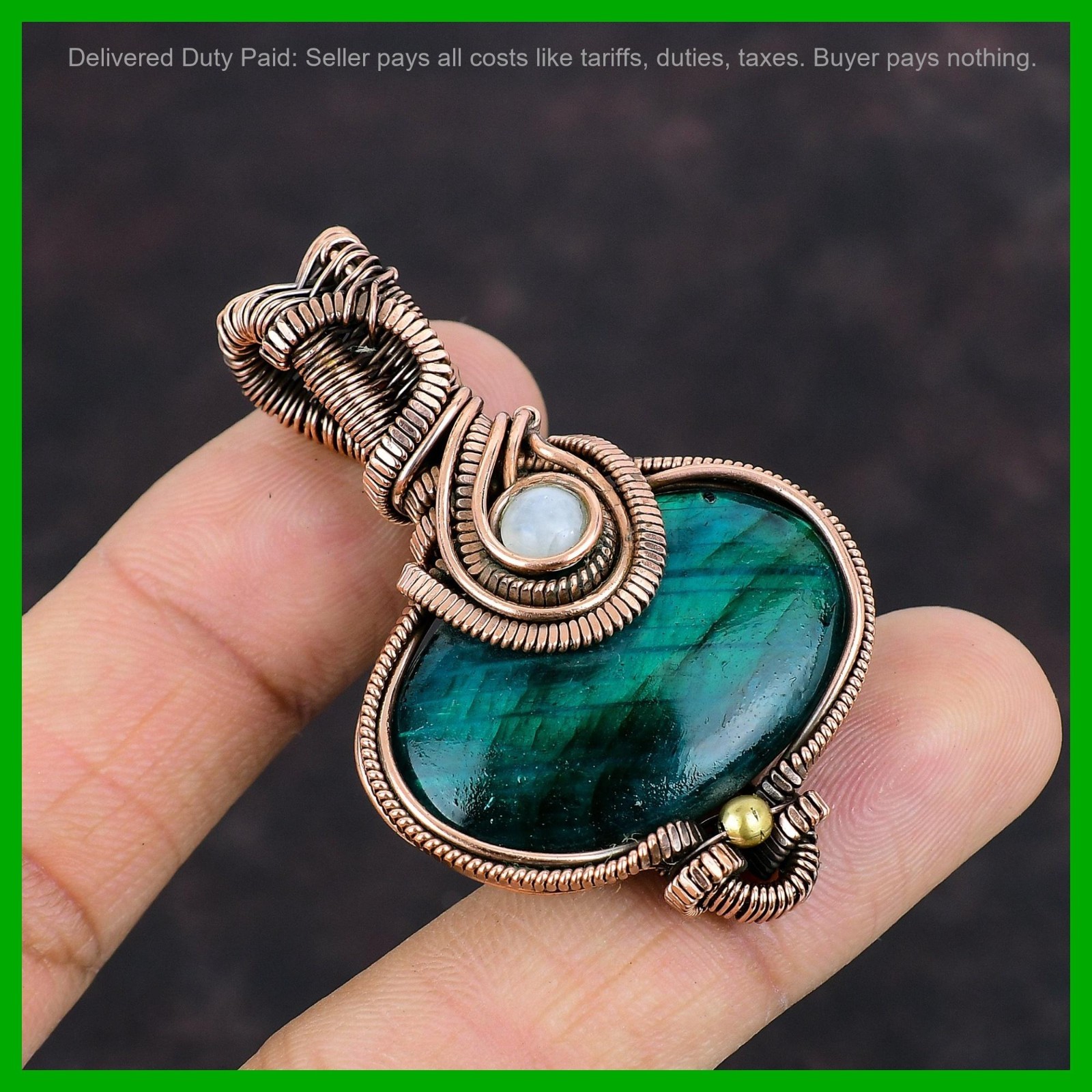 Natural Dark Green Fire Labradorite Rainbow Moonstone New Pendant Jewelry Copper