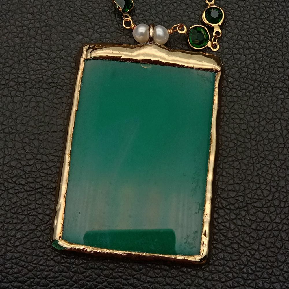 5 Strands White Pearl Green Crystal Chain Necklace Green Agate Pendant 18”