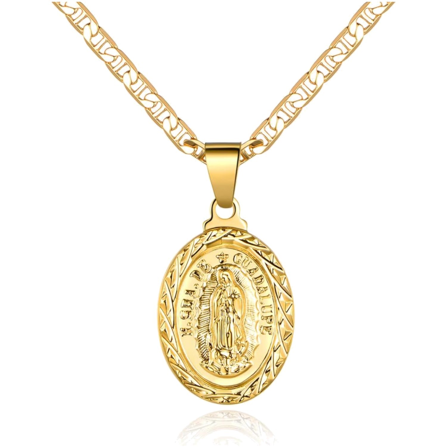 Elegant 18K Gold Plated Mariner Necklace with Virgin Mary Guadalupe Charm