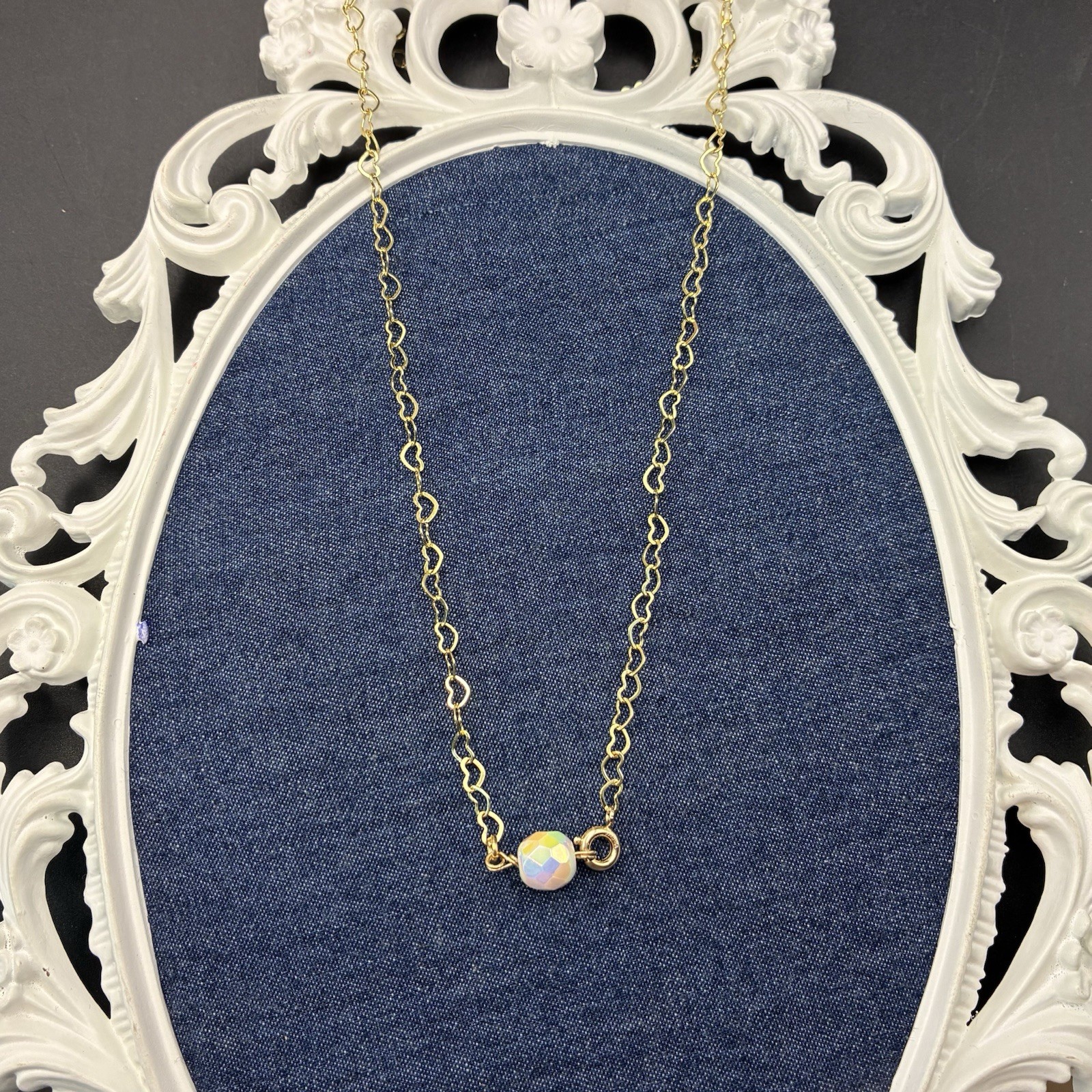 Gold Filled Heart Link Chain Necklace with White Colorful AB Crystal Pendant