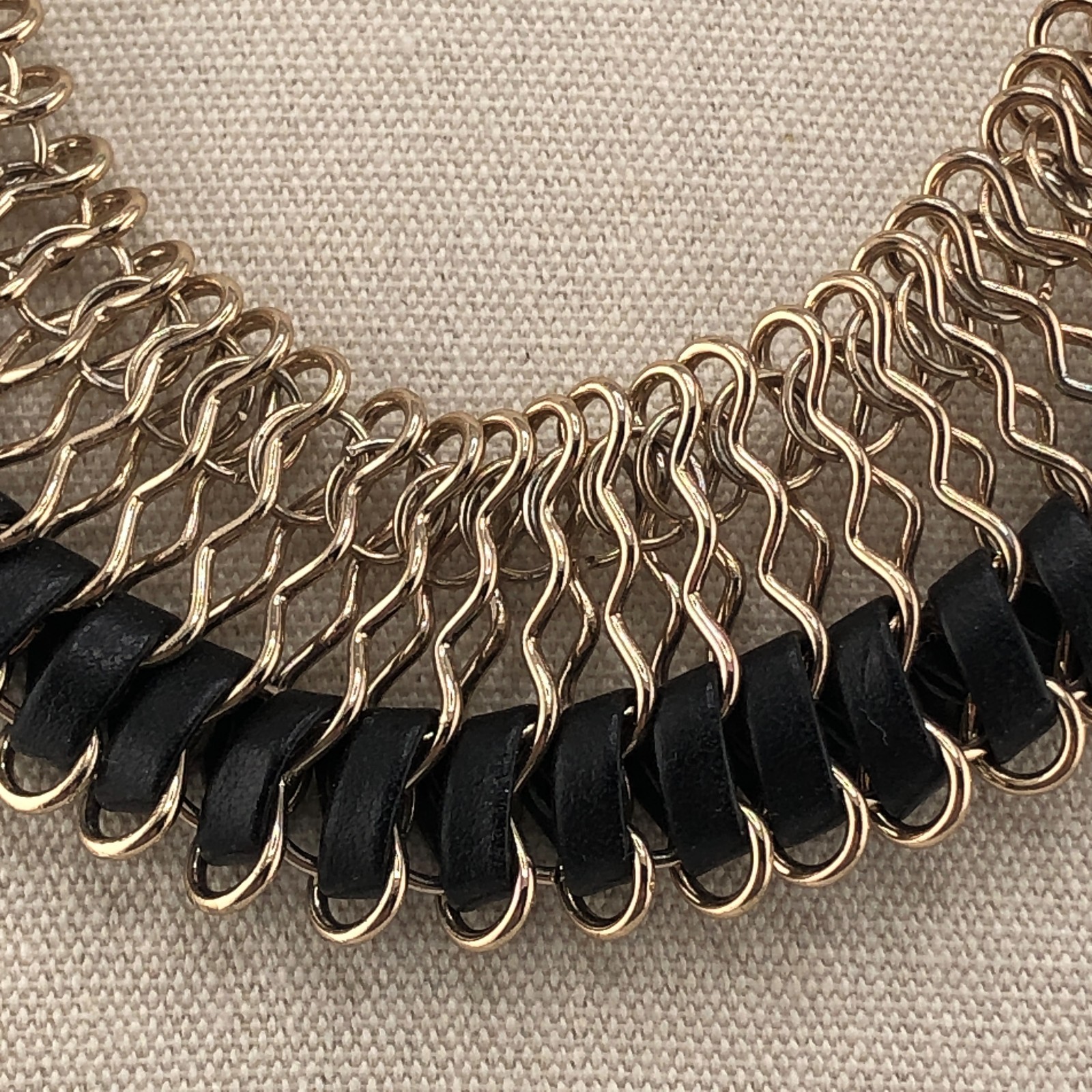Woven Bib Necklace Gold Tone & Black Cord Statement Festival Retro Collar