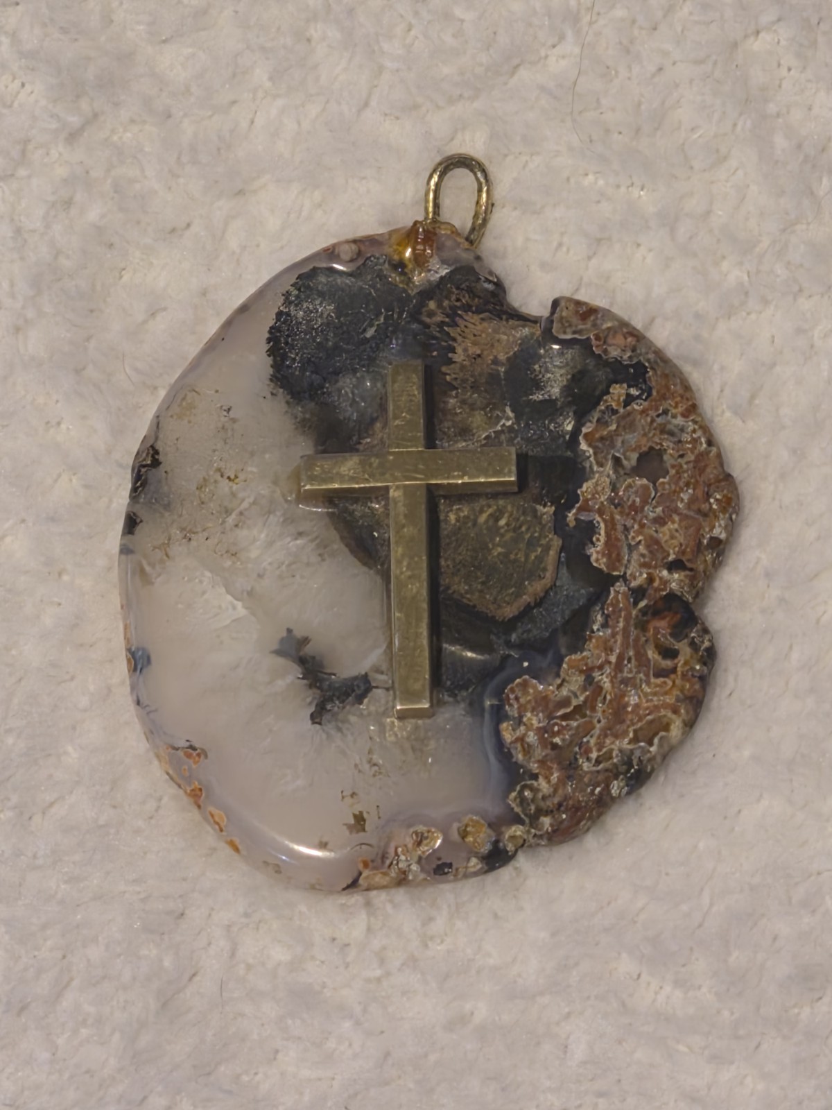 Large 2.5 Inch Natural Agate Slice Cross Pendant