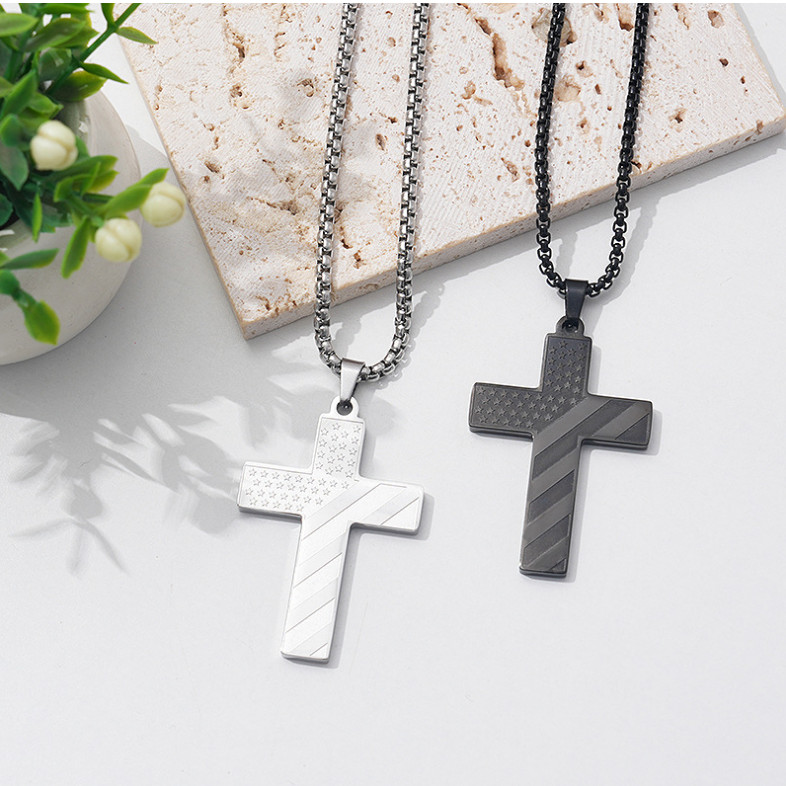 316L Stainless Steel Silver Black Patriotic American Flag Cross Pendant Necklace