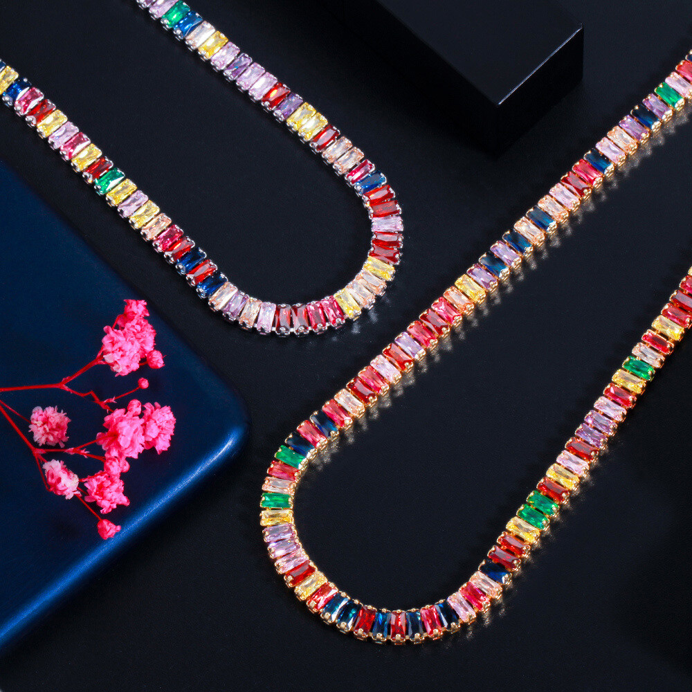 Colorful Rainbow Cubic Zirconia Tennis Necklace Gold Plated Women Bridal Jewelry