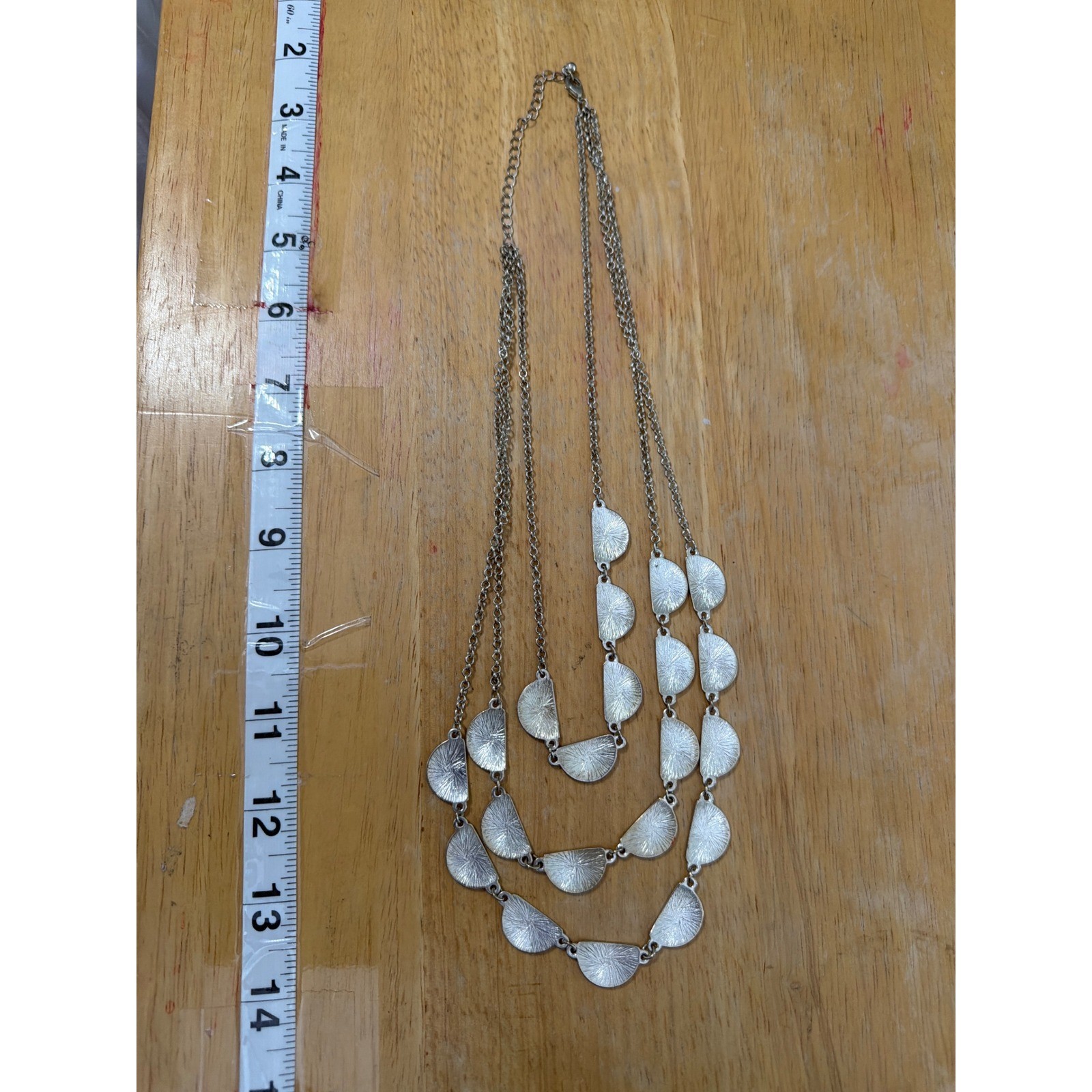 Red Enamel Layered Statement Necklace Silver Tone 3 Strand Geometric Semi Circle