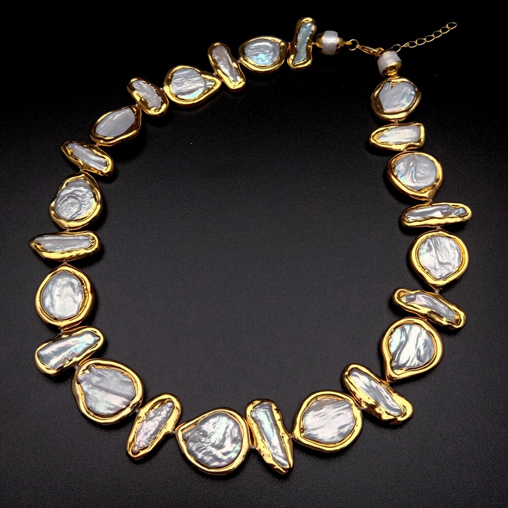 19″ Freshwater Cultured White Biwa Pearl Coin Pearl Gold plated Necklace