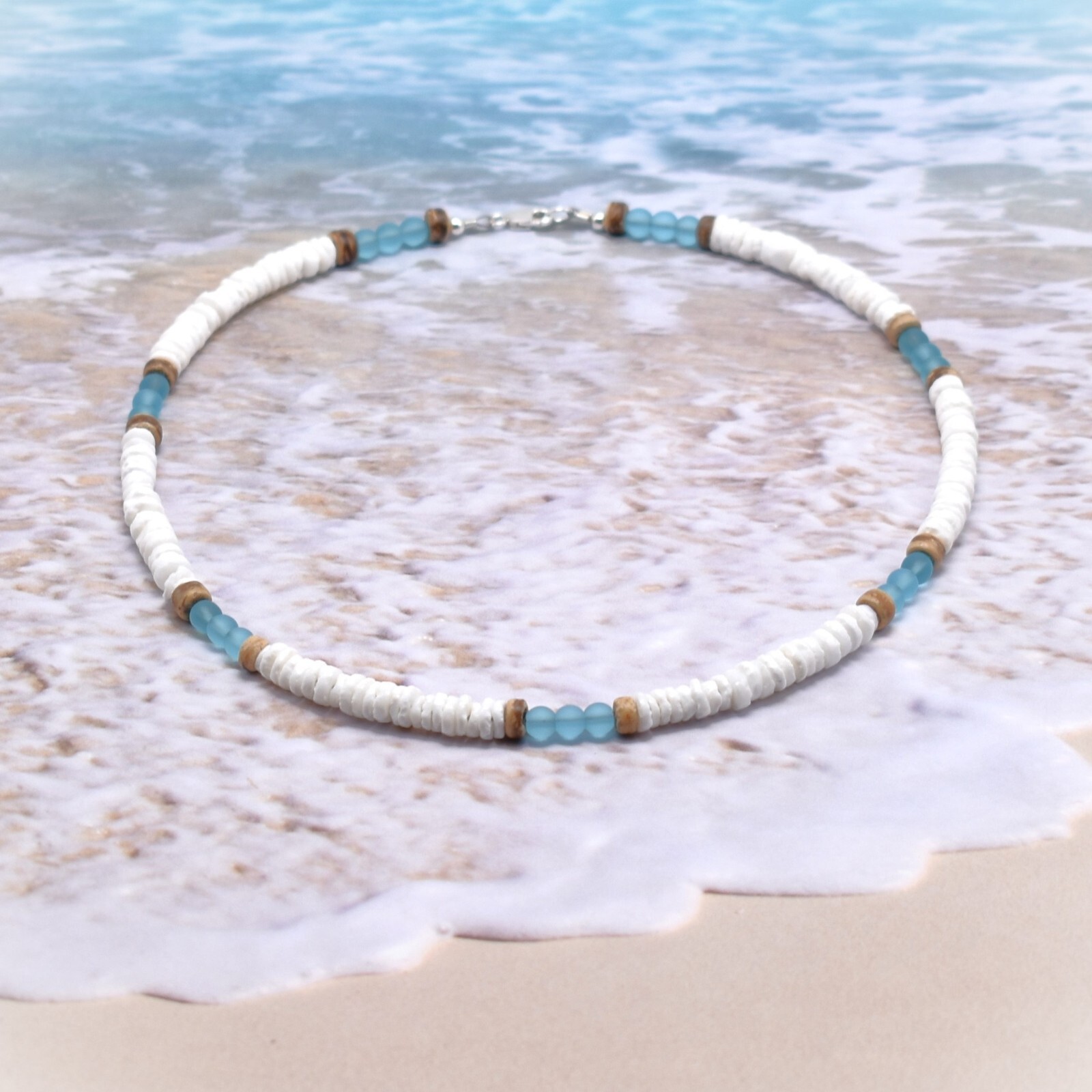 Charm Natural White Shell Blue Crystal Beads Necklace for Men Women Surf Choker