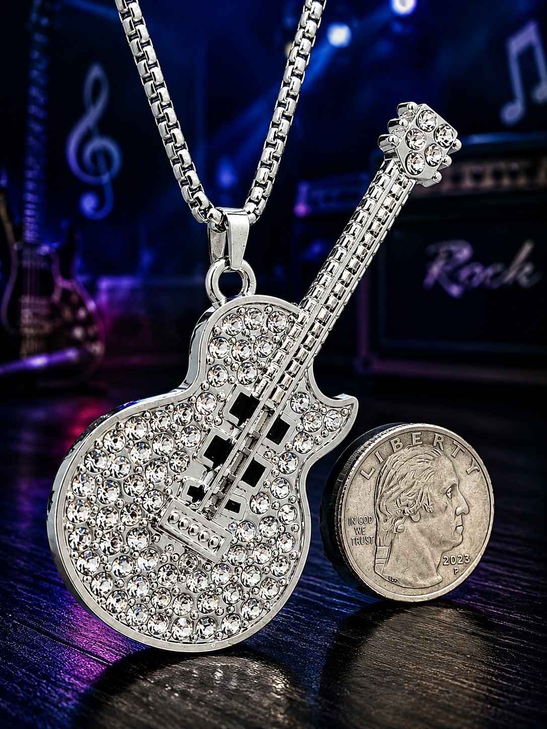 New Jeweled Guitar Fashion Pendant Necklace Music Rock Gift