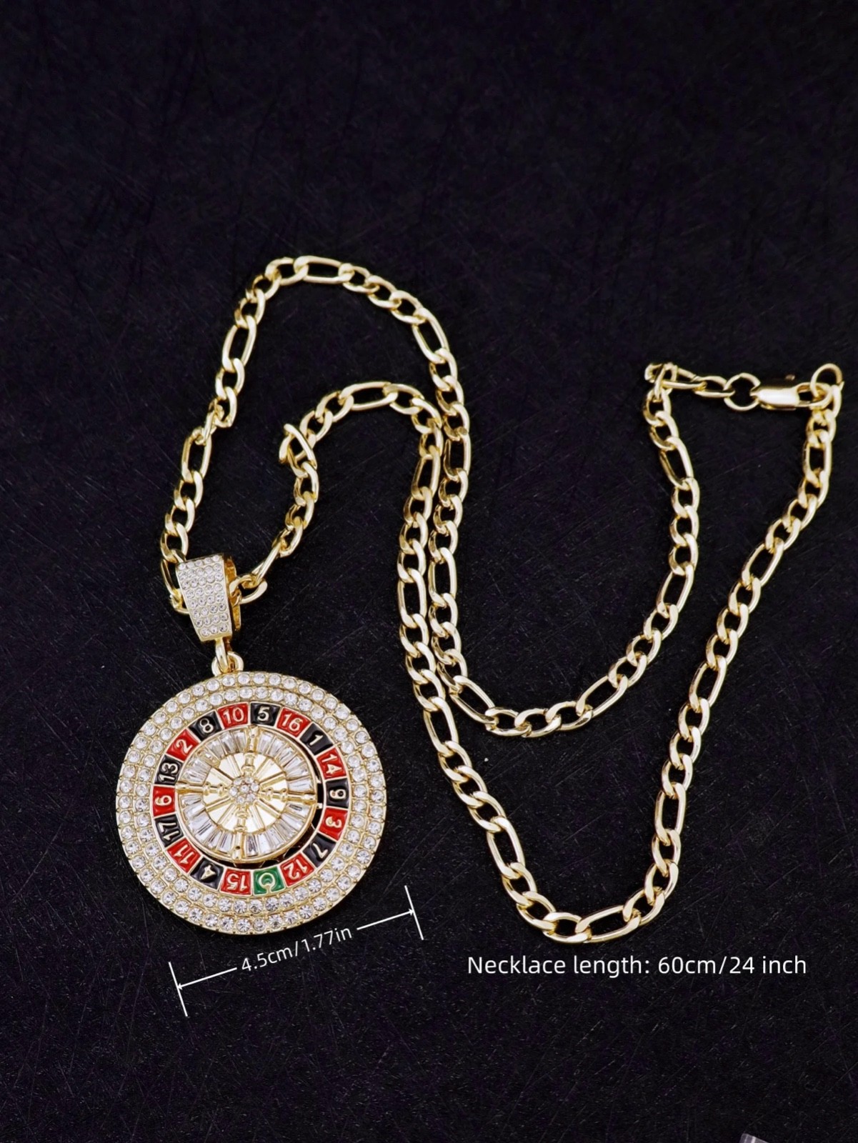 Gold Roulette Spinning Center /Casino Poker Cards Pendant Necklace Cuban Chain
