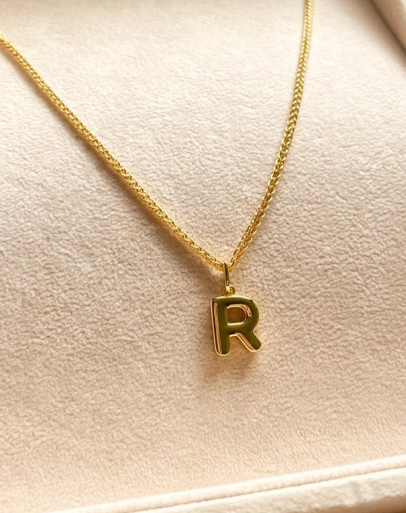 Gold Initial R Necklace Puffy Letter Pendant 14ct Gold Plated Chain Gift For Her