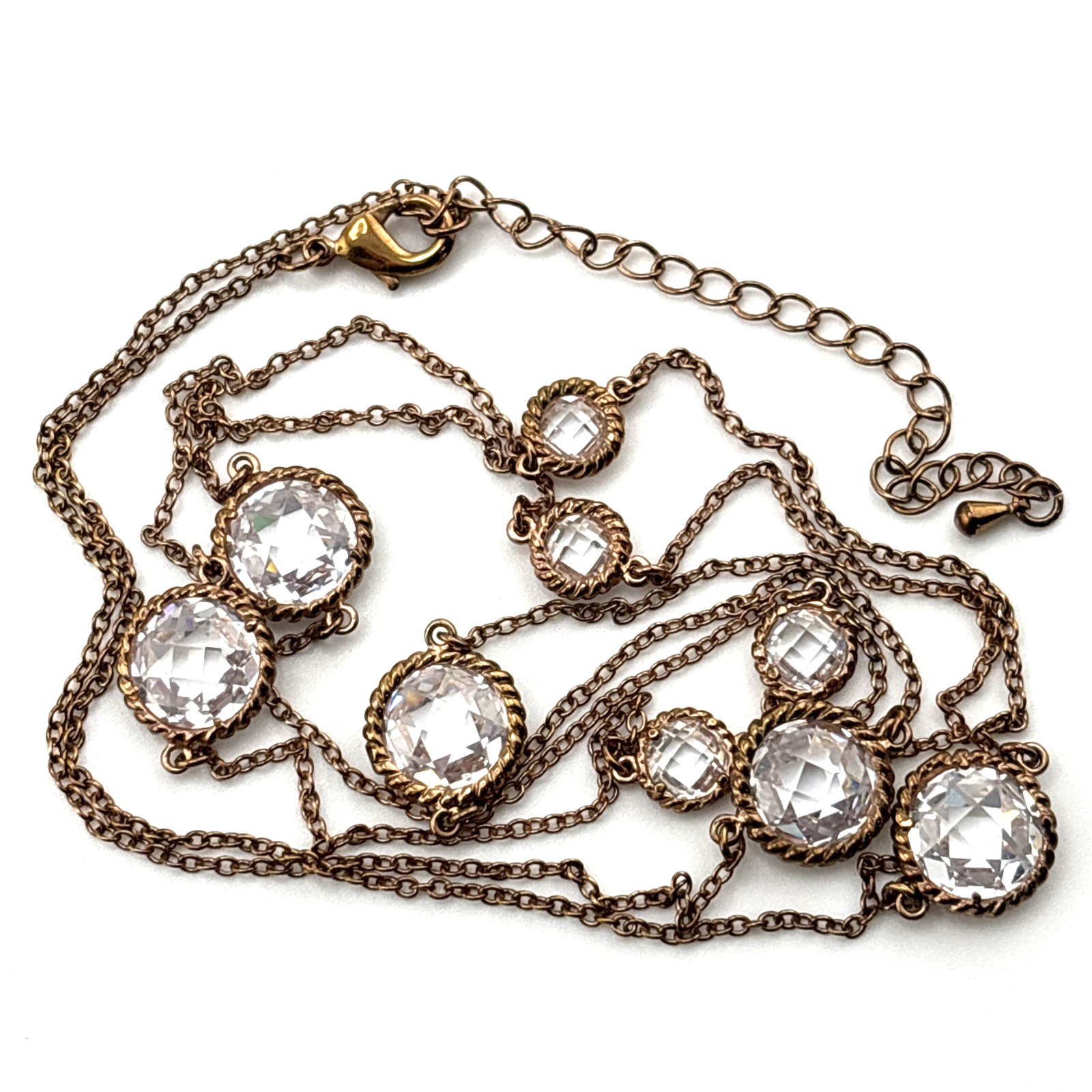 Rose Gold Tone Glass Faceted Clear Open Bezel Set Necklace Earrings Set 35″-37″