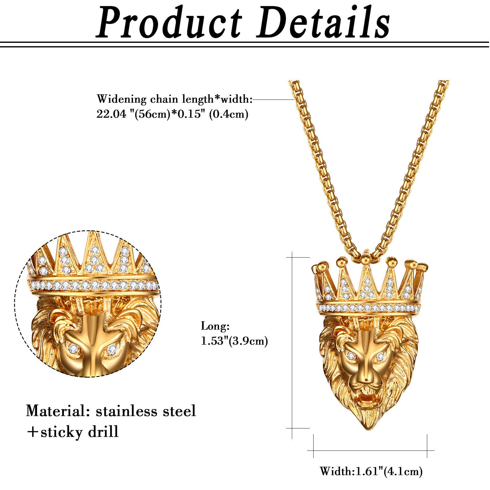 Mens Boys Hip Hop Gold Tone Lion Head Stainless Steel Pendant Necklace Chain 22″