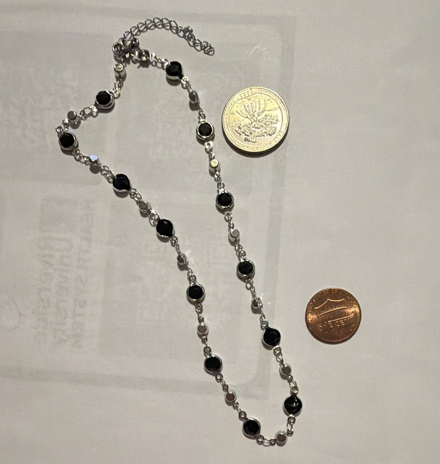 Silver Tone Station Beaded Necklace Black Round Glass Beads Cable Adjustable