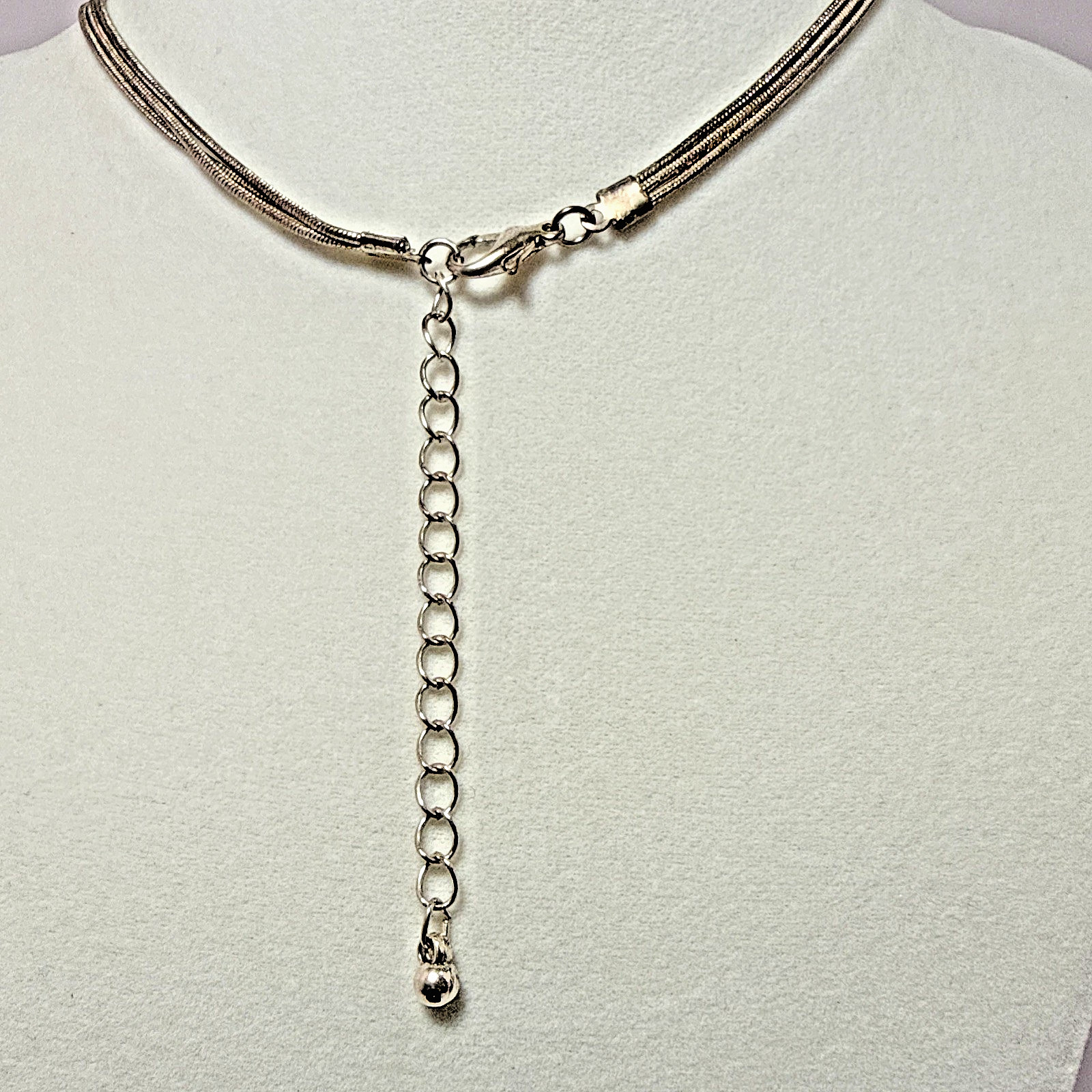 Silver Tone Multi Strand Snake Chain Heart Pearl Clear Rhinestone Cluster Neckla