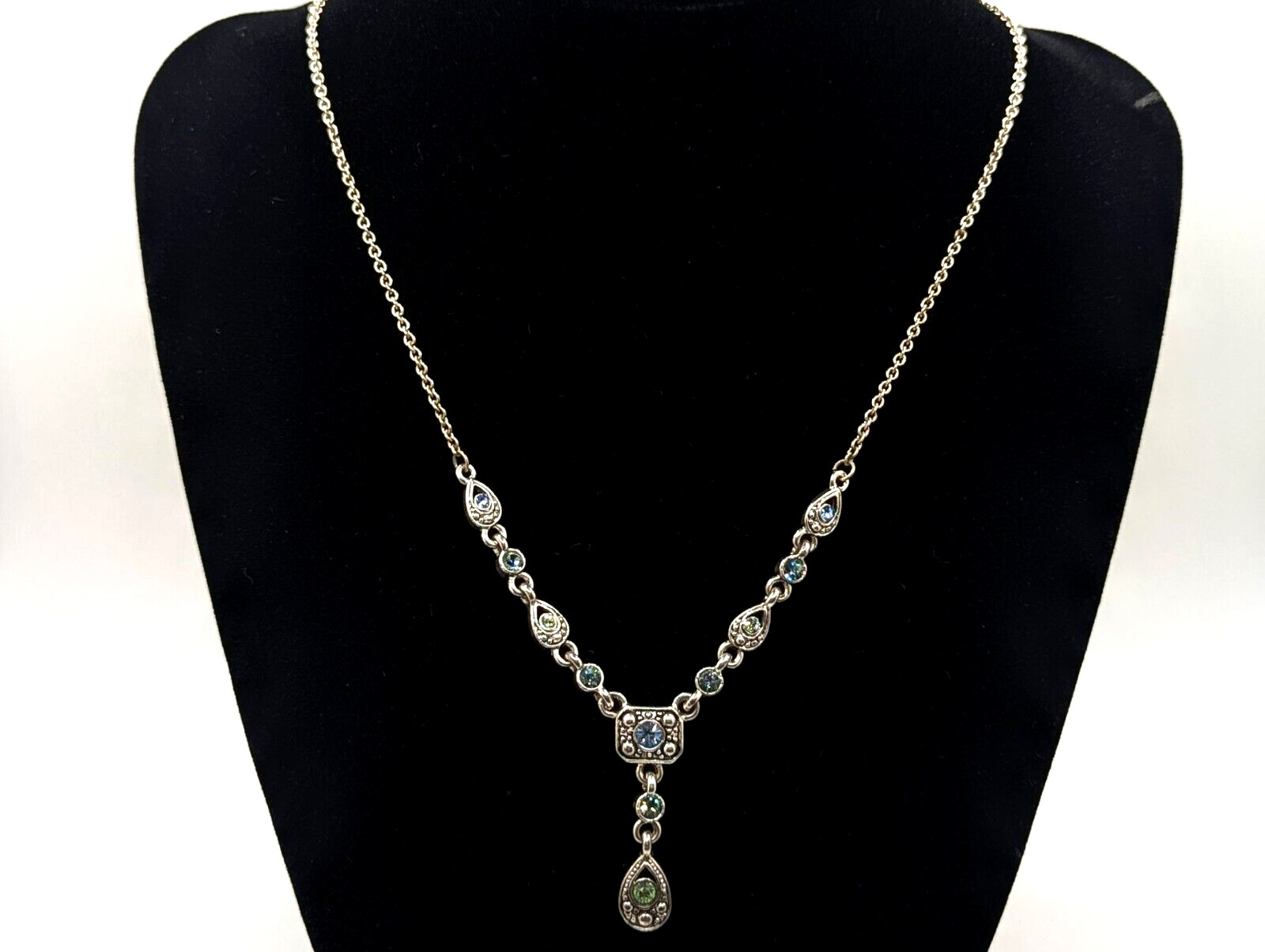 Vtg Trifari Blue Green Rhinestones Art Deco Silver Tone Y Drop Lariat Necklace