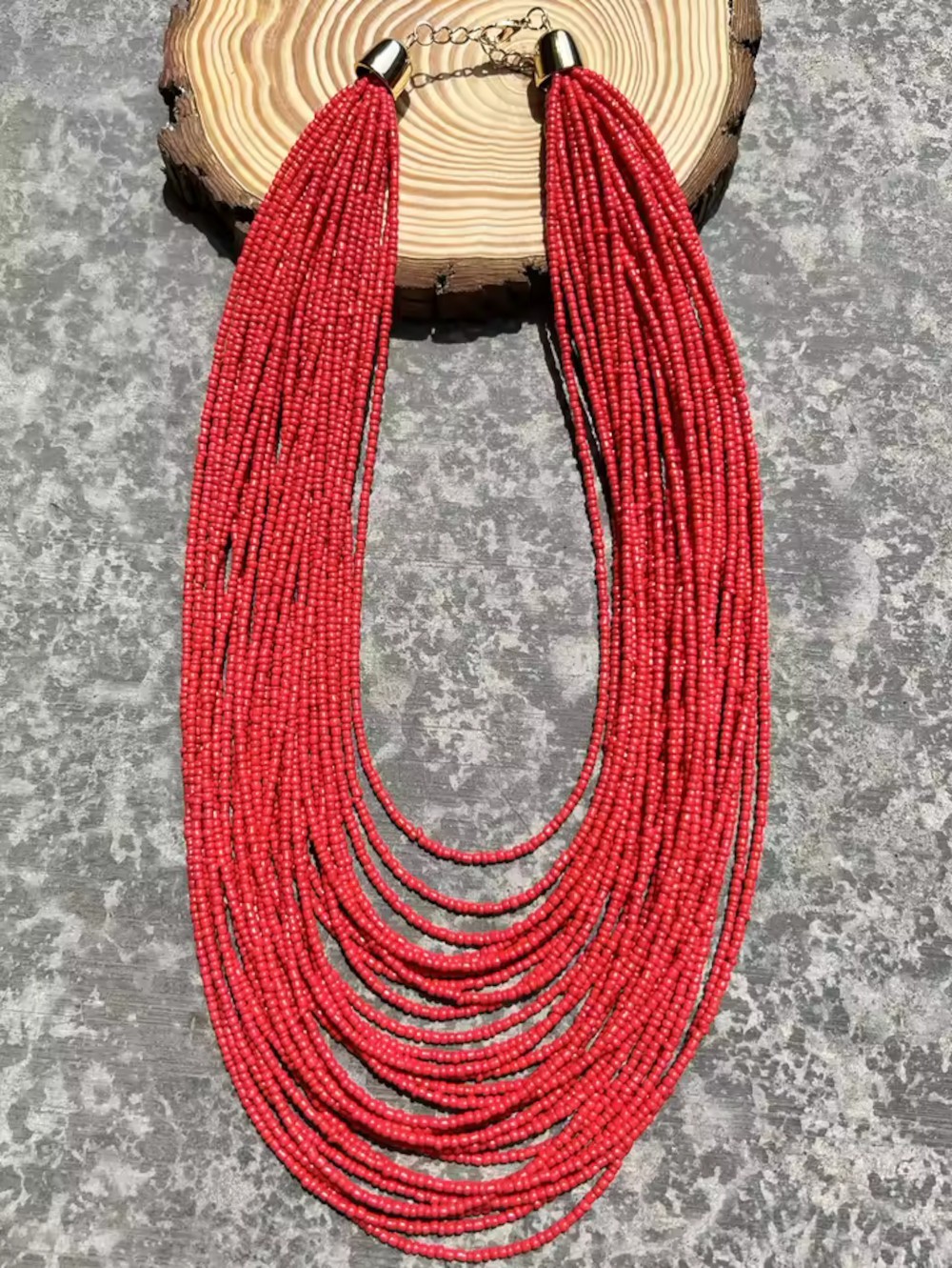 Multi Layer Red Beaded Bib Choker Necklace Chunky Boho Chic Statement Jewelry