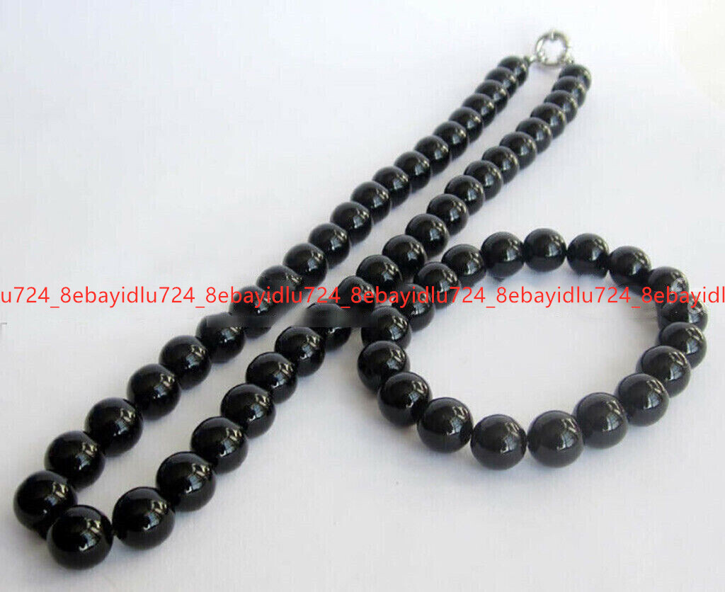 Natural 6/8/10/12mm Black Agate Round Gemstone Beads Necklace Bracelet Set