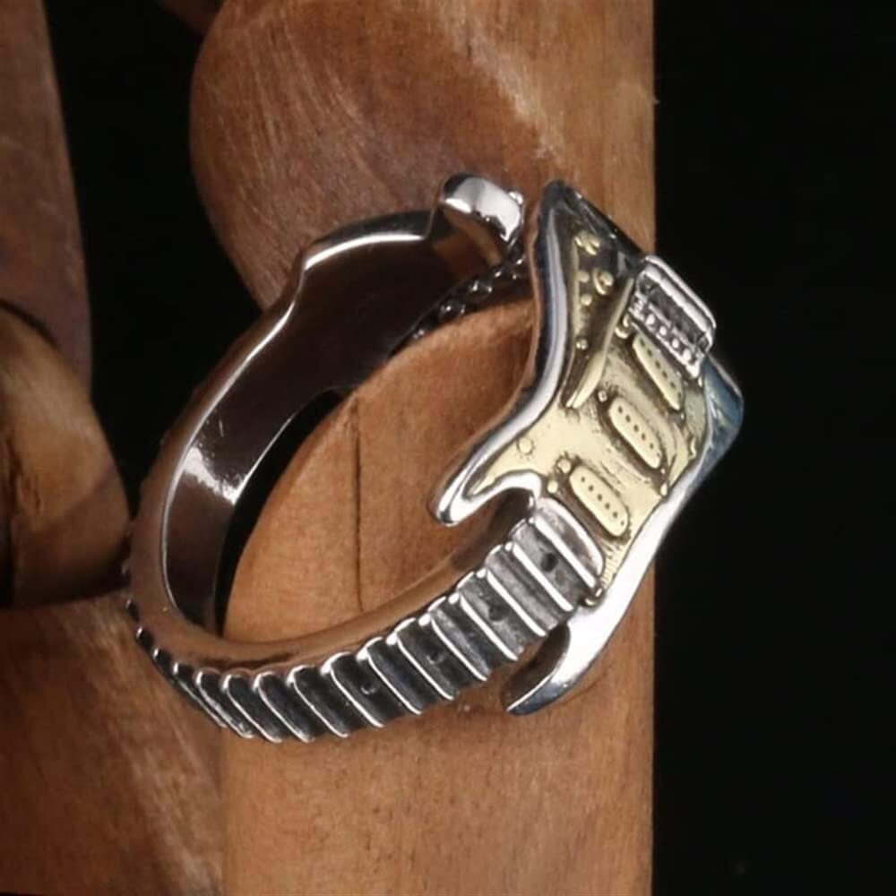 Rock Guitar Necklace and Open Adjustable Rings for Men,Hip Hop Rock Music Gift