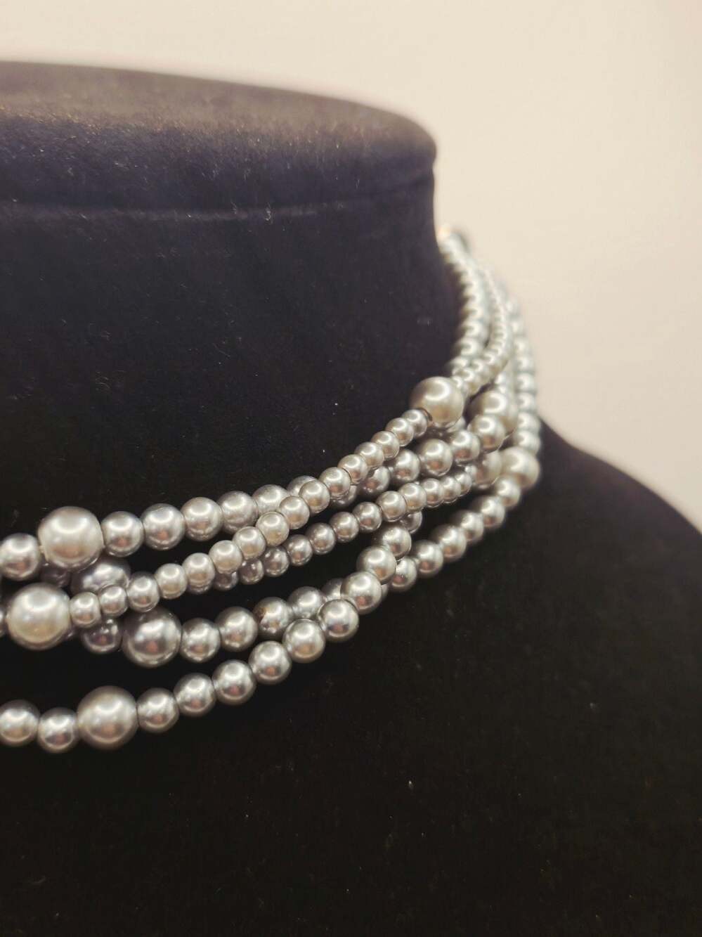 Multi-Strand Grey Faux Pearl Choker Statement Necklace