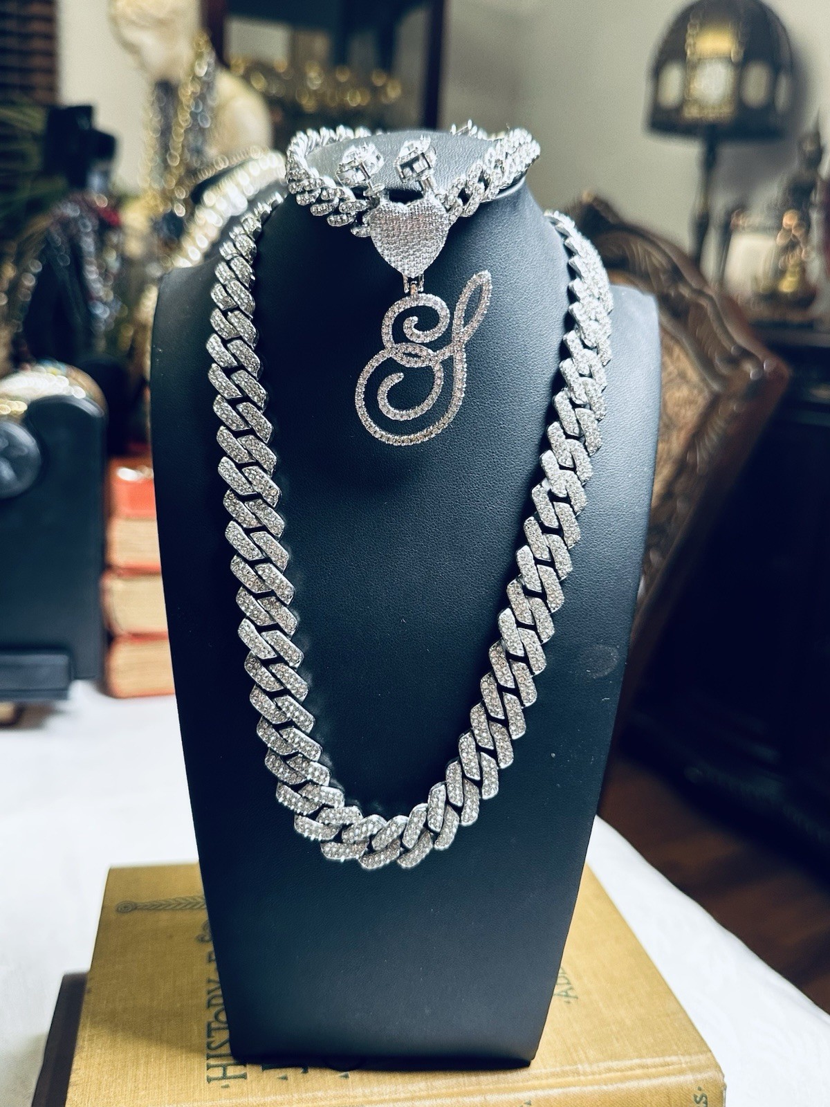 Miami Or Monaco Style Iced Cuban Link Necklace W/Matching Bracelet & Earring Set
