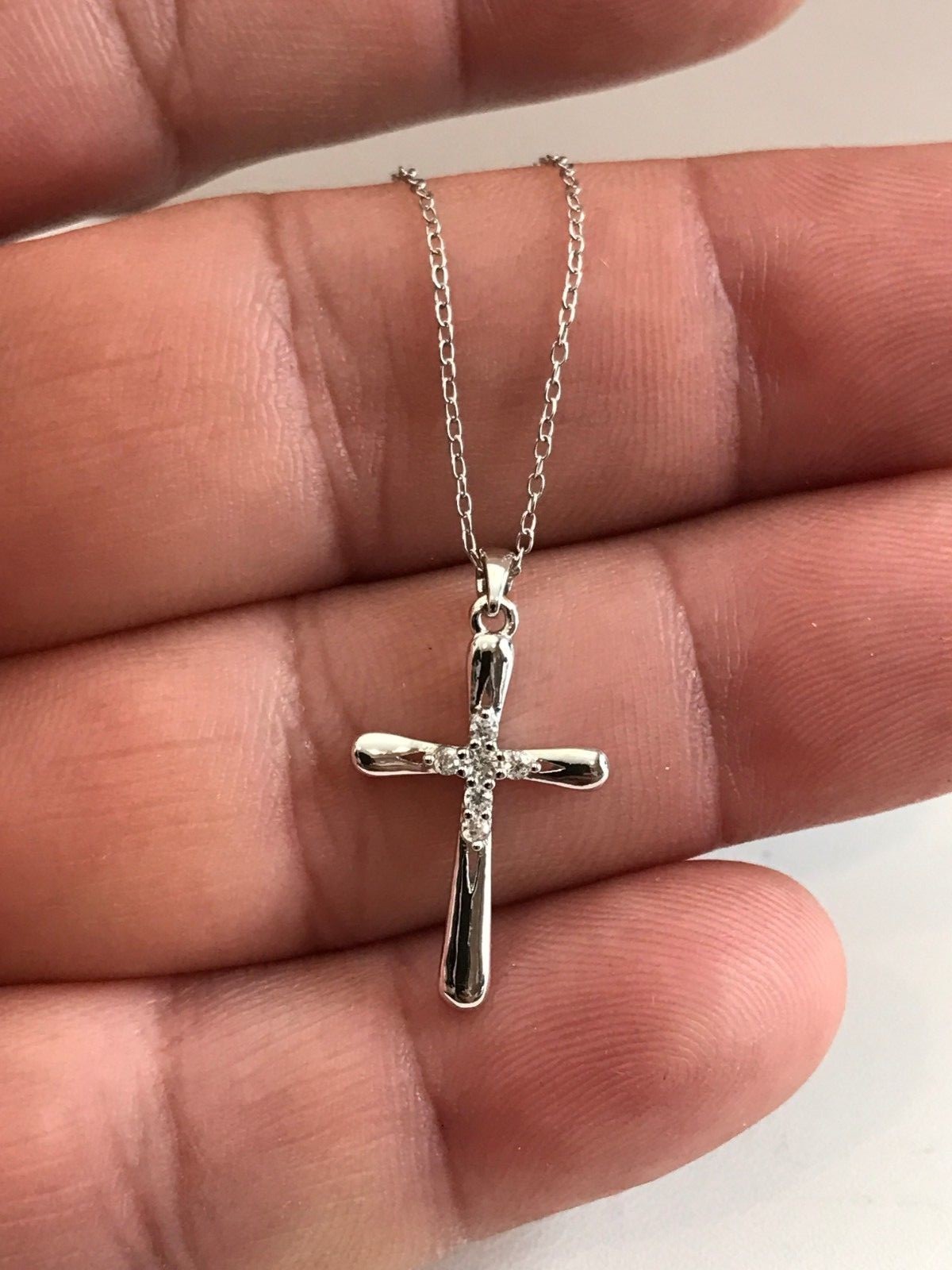 CROSS NECKLACE PENDANT W/ LAB ACCENTS / 925 STERLING SILVER / 18” CHAIN