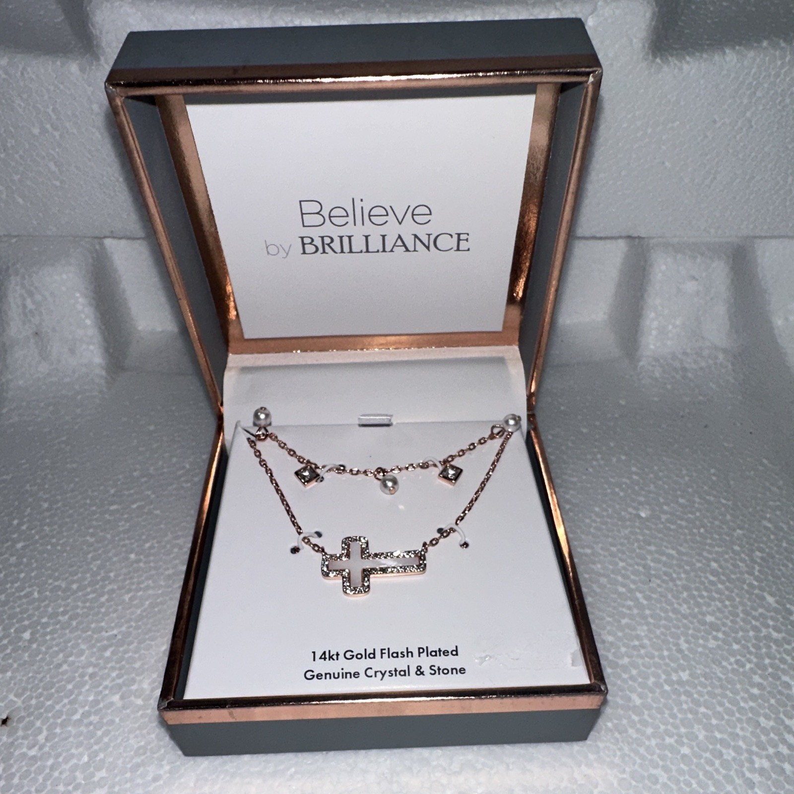 Believe by BRILLIANCE 14k Gold Flash Plated Rose Gold Layered Cross Necklace