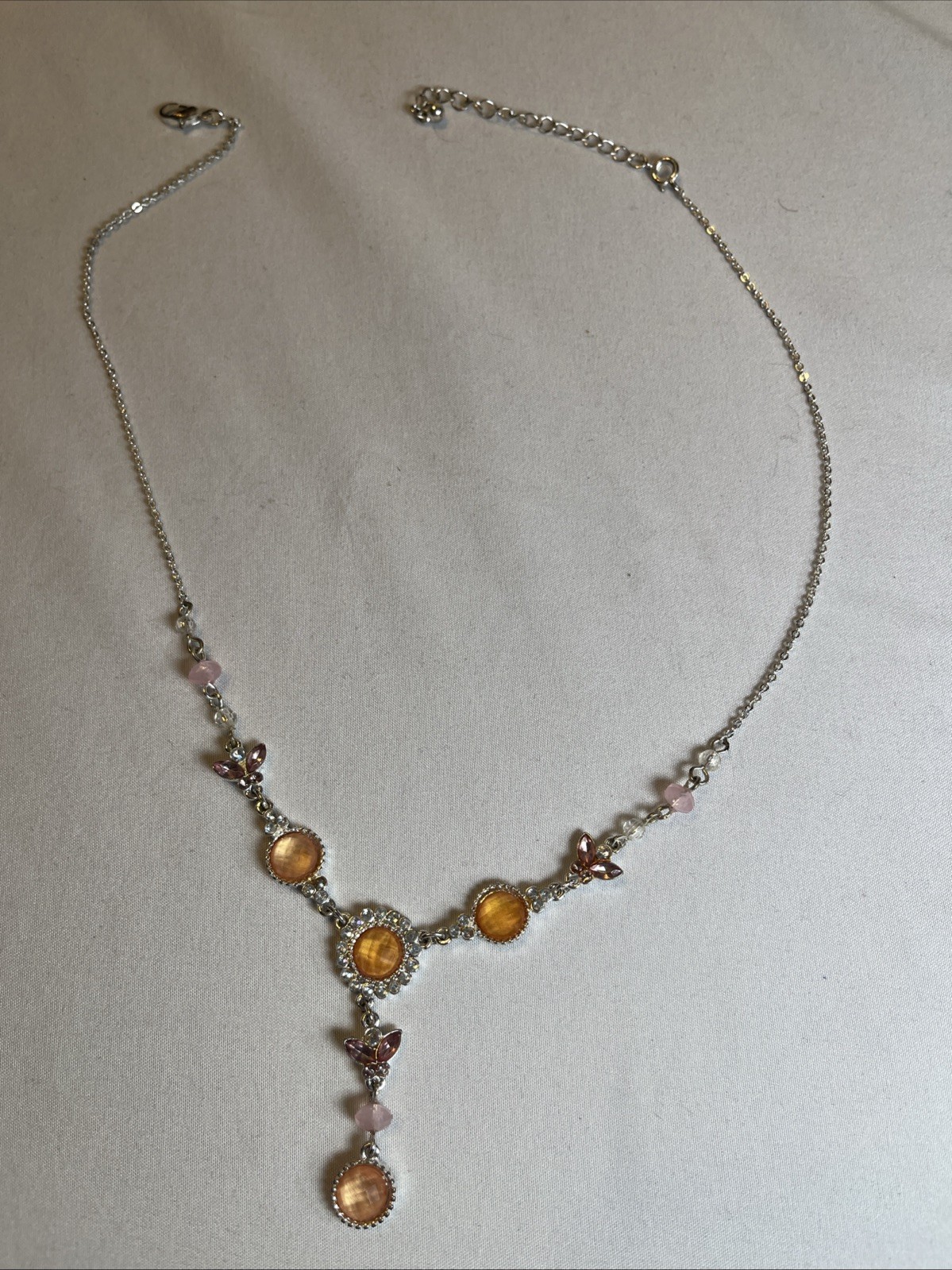 Y Drop Rhinestone Necklace Amber Topez Silver Tone Color Y2K
