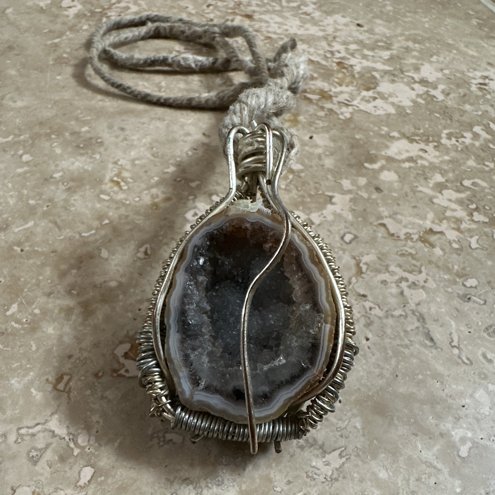 Handcrafted Necklace, Wire Wrapped Agate Druzy Pendant on Hemp Cord (from CO)