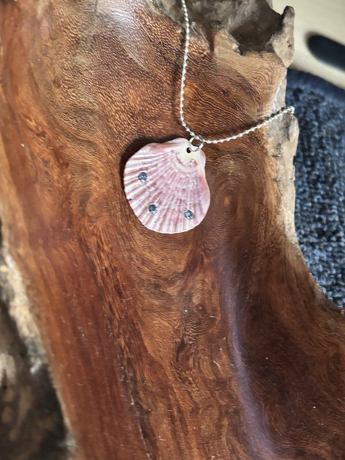 Pink Shell Pendant Necklace Silver-Tone Ball/Bead Chain, 3 Crystals Beach Sea