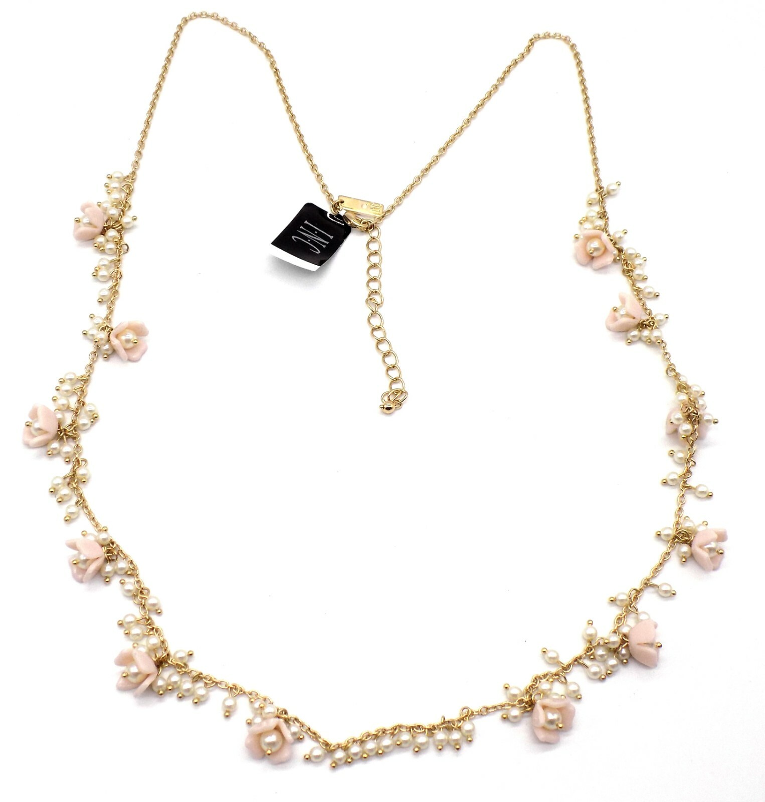 Inc International Concepts Necklace Long Layering Pink Flowers Faux White Pearls