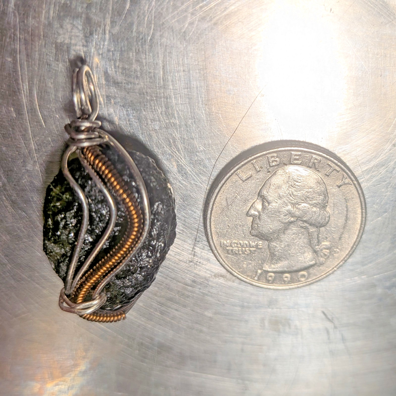 Moldavite Wire Wrapped Pendant Handcrafted Silver Jewelry 24ct