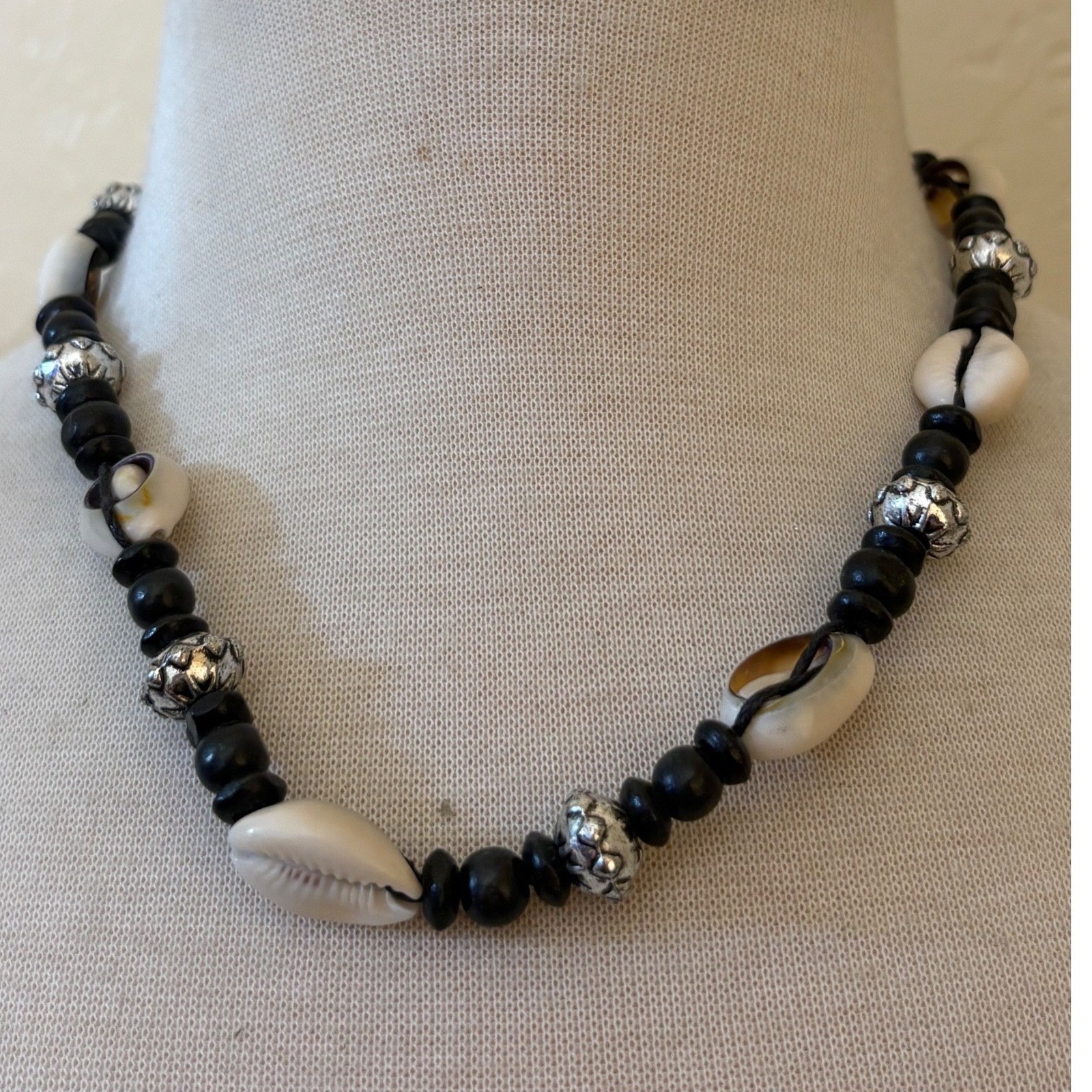 Vintage Cowrie Shell Necklace Black Wood Beads Silver Spacers Boho Surfer