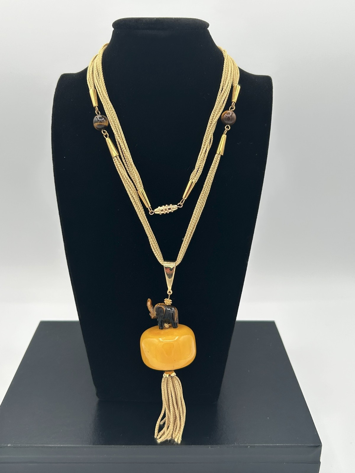 Vintage Bakelite Amber Pendant Necklace w/ Tiger’s Eye Elephant & Gold Tassels