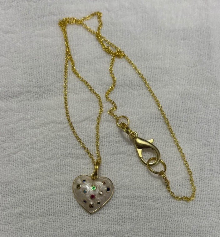 Enamel Heart multi colored stones Pendant on gold tone chain necklace