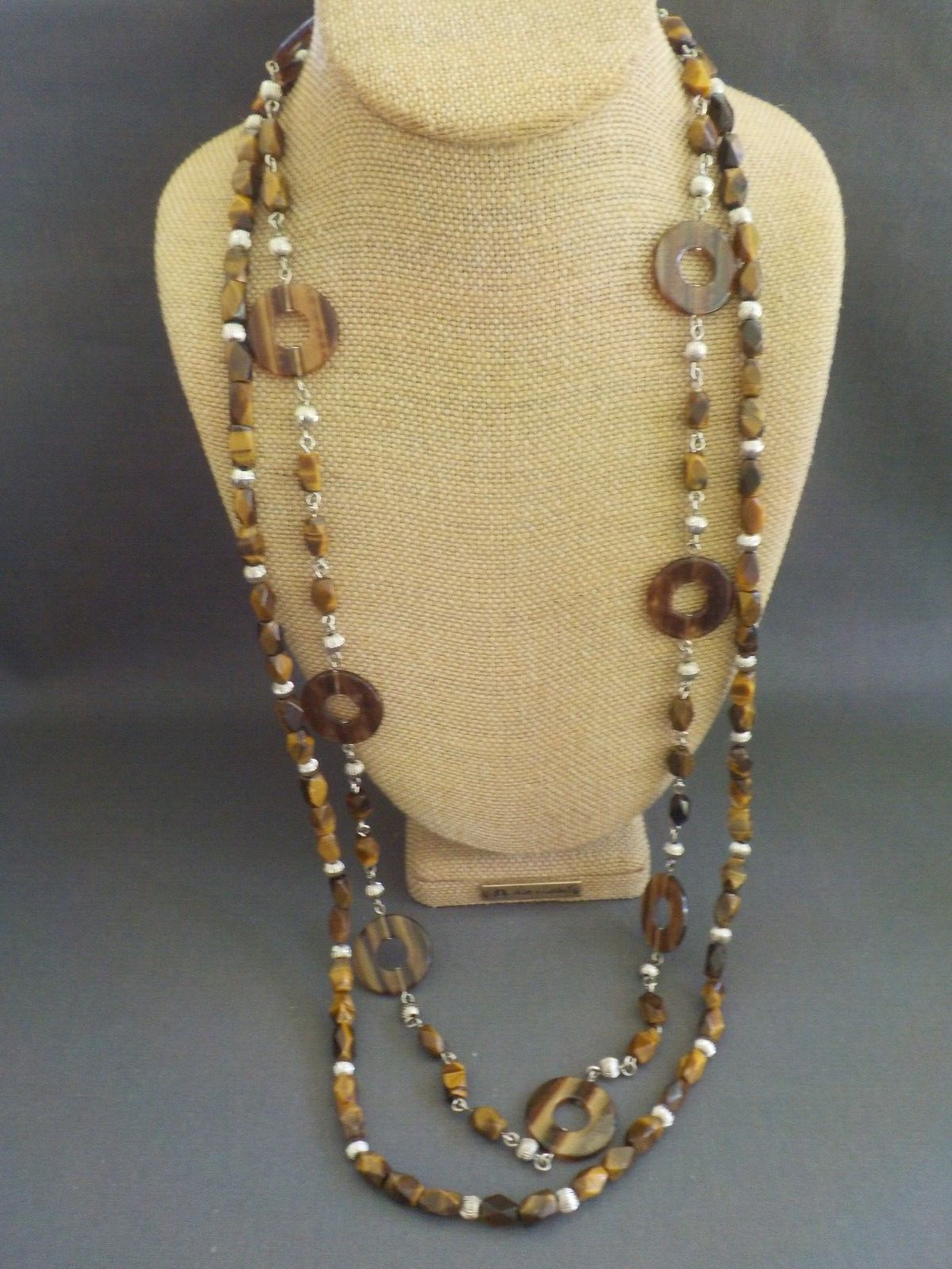 Tiger’s Eye & Plastic Round Double Strand Bead Necklace Long Brown Faceted