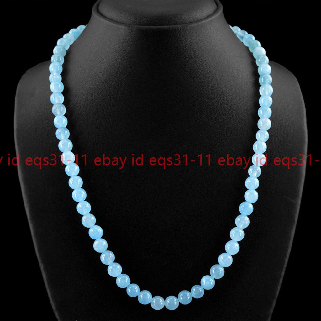 NATURAL 20 INCH LONG 8MM BLUE JADE CHALCEDONY ROUND GEMSTONE BEADS NECKLACE