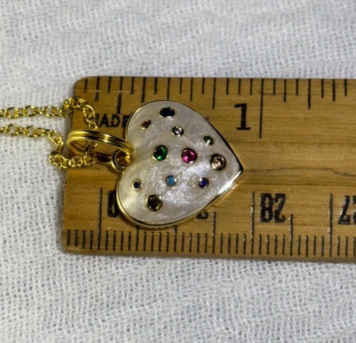 Enamel Heart multi colored stones Pendant on gold tone chain necklace