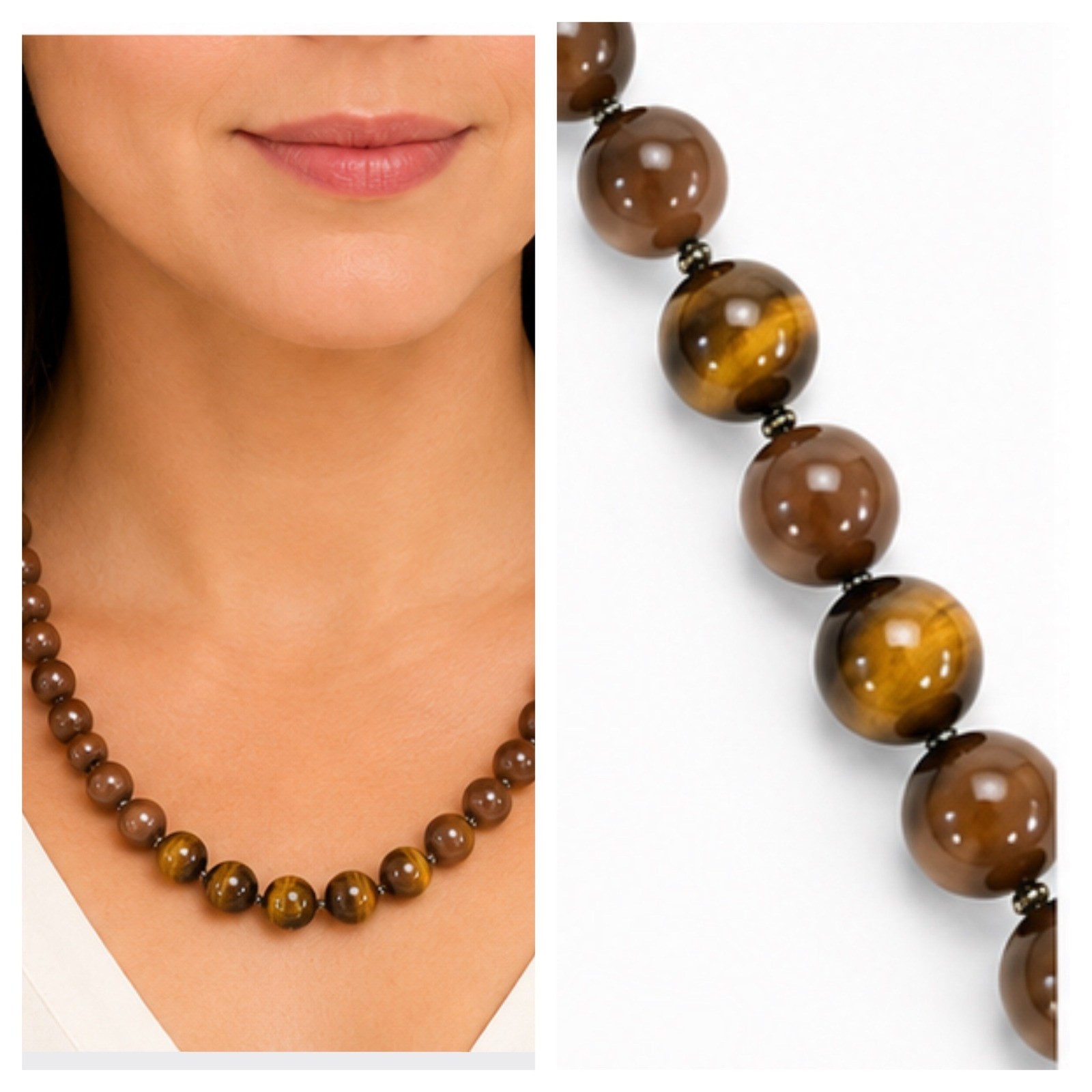 Tiger Eye and Brown Resin Graduated Bead Necklace Gold Tone Toggle Clasp