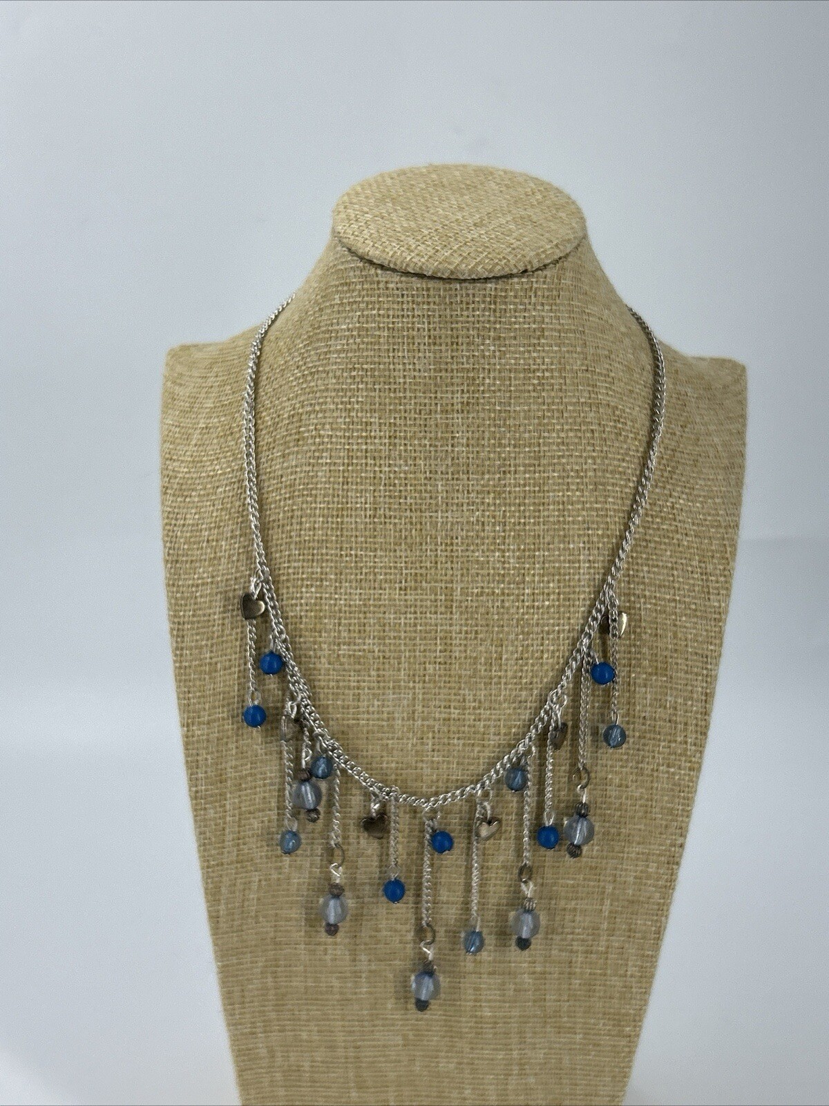 Silver Tone Blue Chandelier Choker Necklace Womens Bib Fringe Hearts Chain 17-19