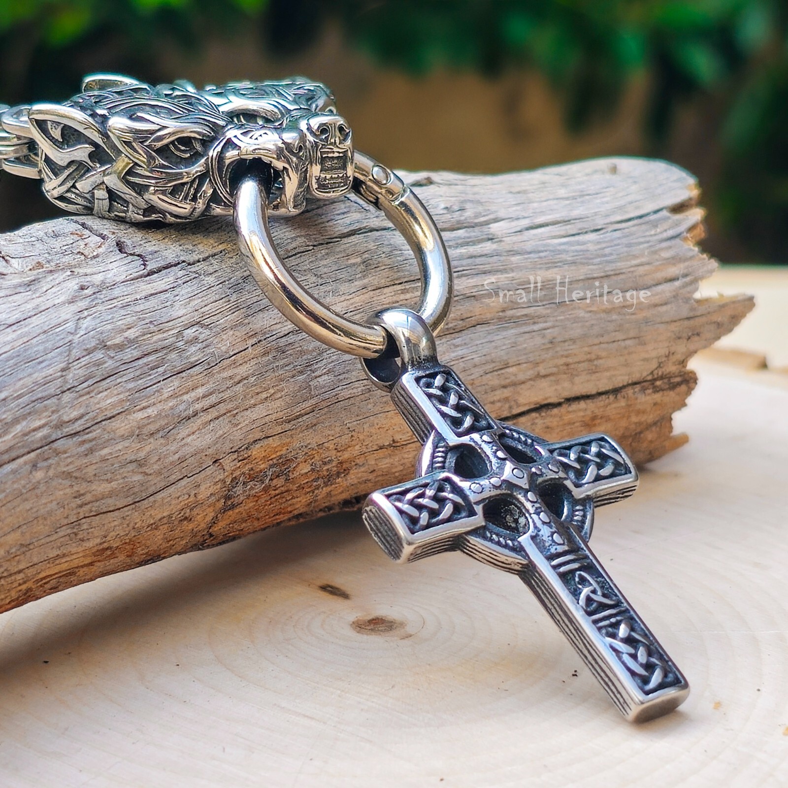 Large Wolf Cross Necklace – Heavy Stainless Steel Celtic Viking Pendant for Men