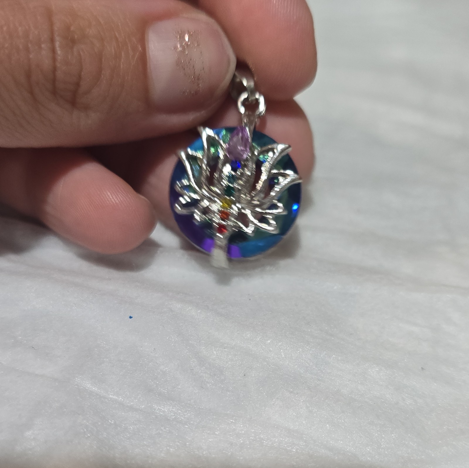 Silver Tone Metal Round Lotus Flower Charm Pendant, Multicolor Crystal