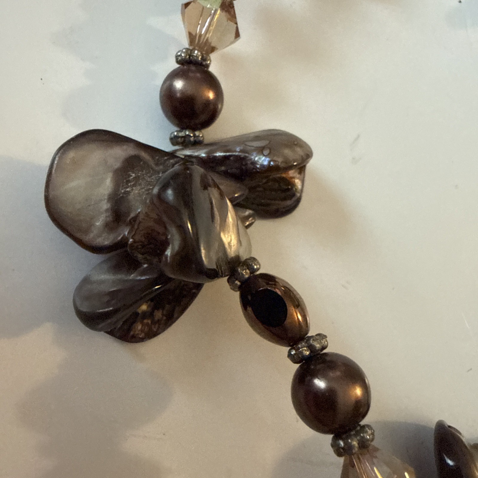 BROWN BRONZED ABALONE SHELL Necklace Beaded Silver Tone Spacers Toggle Clasp