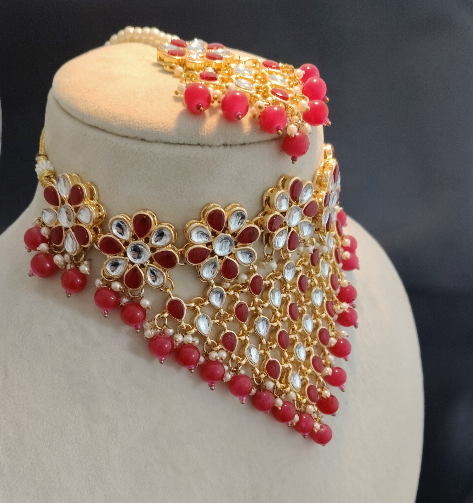 Aiza Red Kundan Floral Bridal Choker Set with Pink Bead Drops Roz Jewellers.
