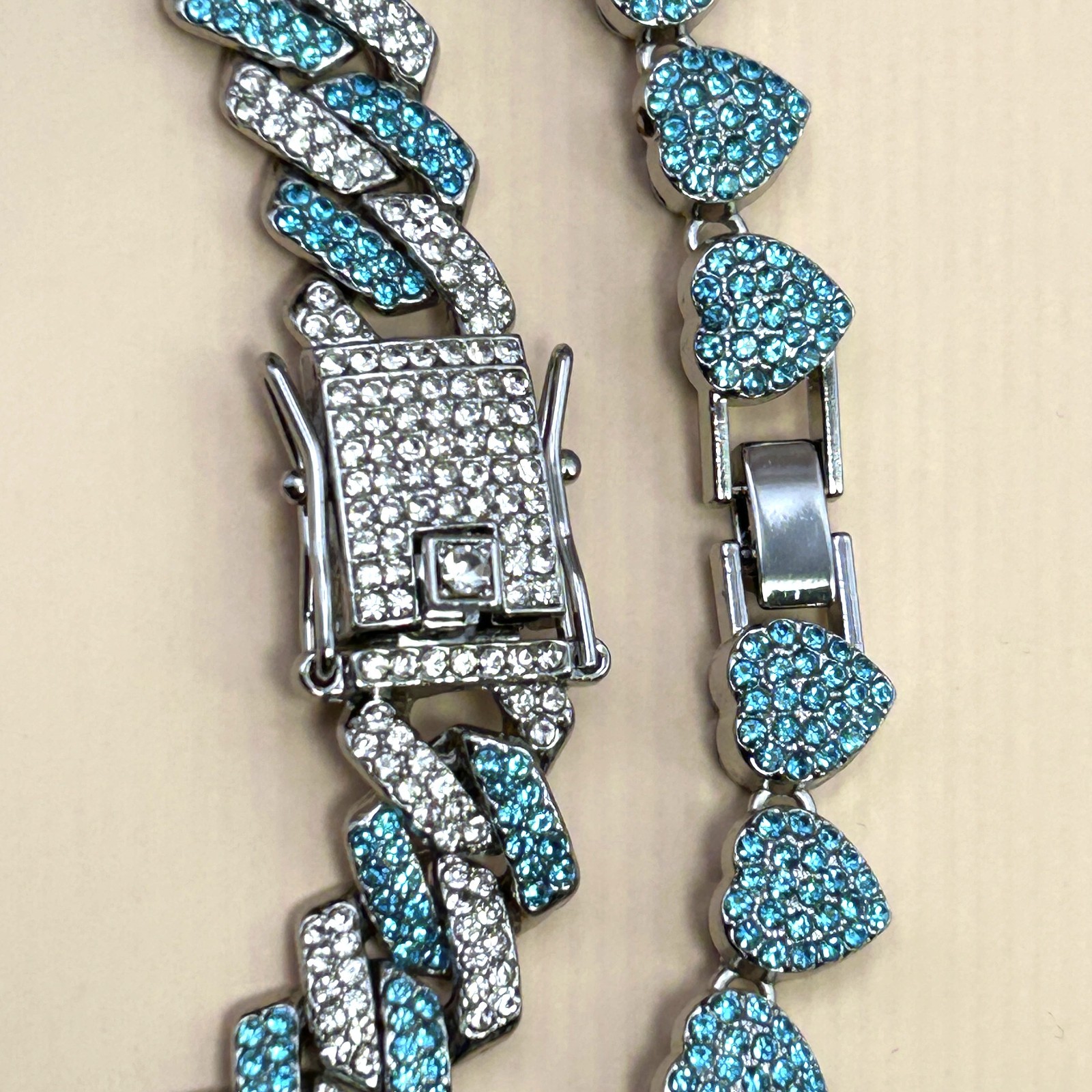 Blue Rhinestone Cuban Link & Heart Chain Necklace Set Statement Jewelry