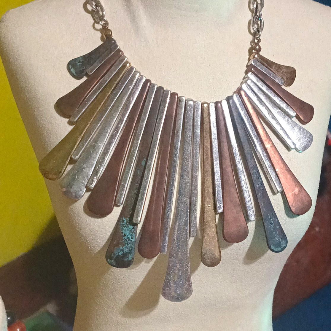 Multicolor Metal Fringe Fan Bib Statement Necklace Cable Chain, No Stone
